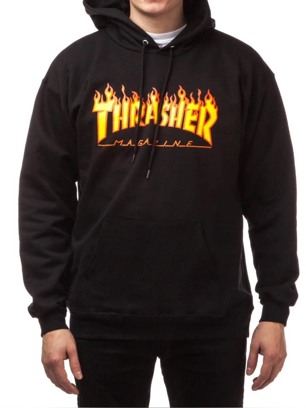 Thrasher (S) Flame Hoodie Black Orange Kangaroo Pocket Logo Skateboard